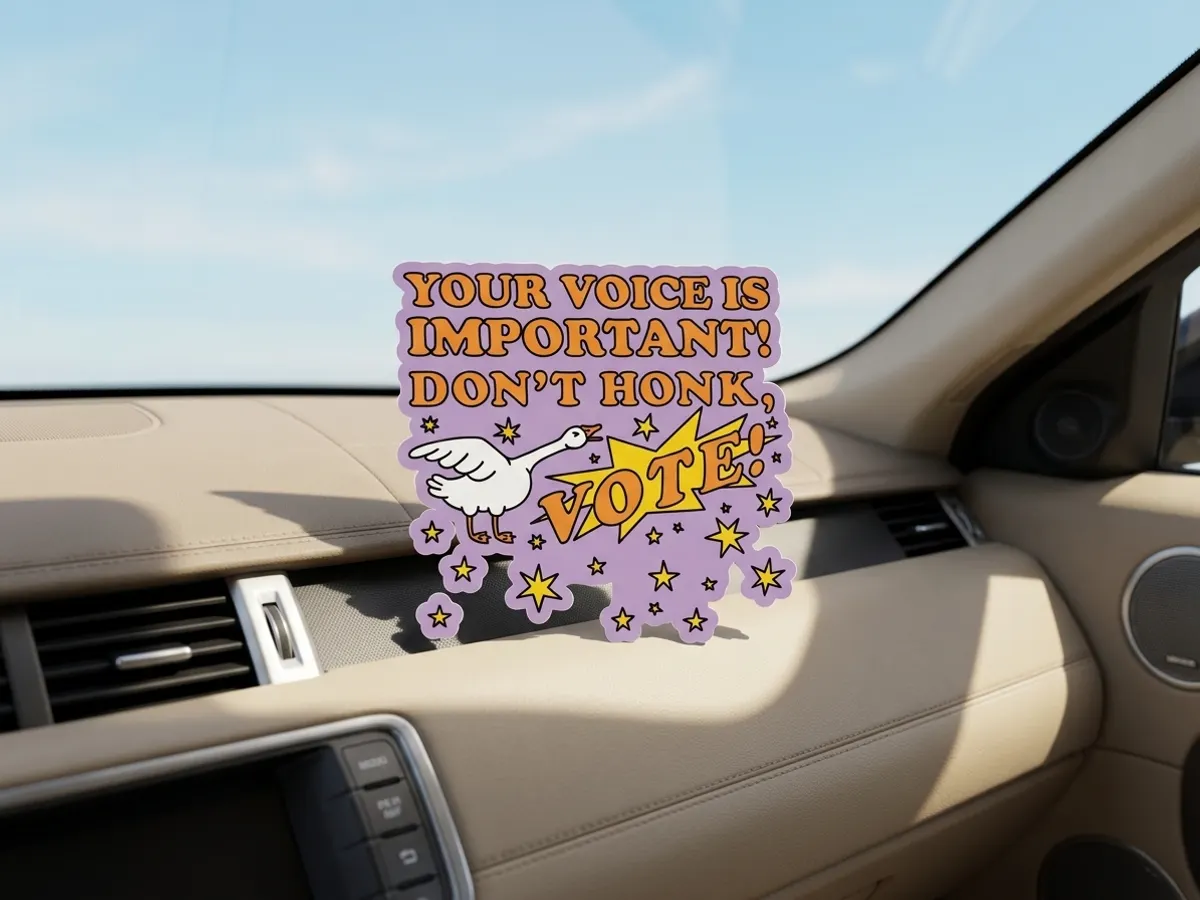 Make a Statement with a FREE “Don’t Honk, Vote!” Bumper Sticker, dashboard placement in bright daylight