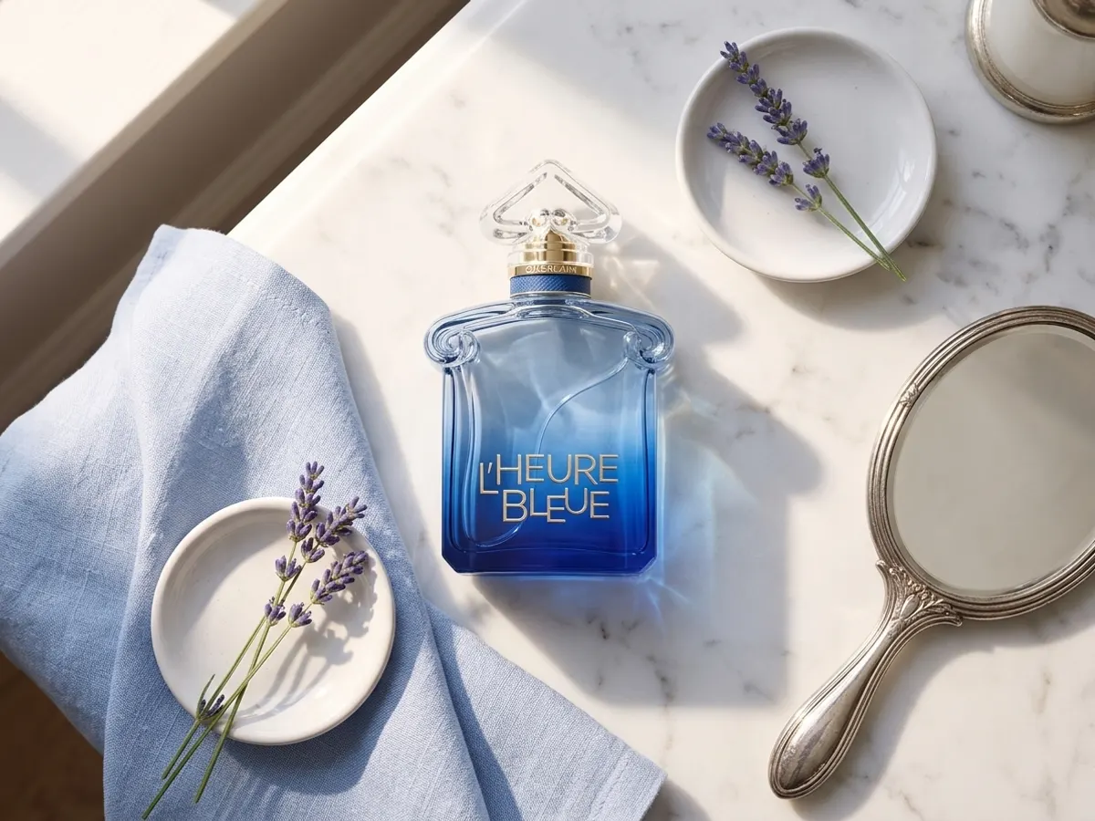 Try Guerlain L'Heure Bleue FREE with a Fragrance Sample, overhead flat-lay with lavender and mirror