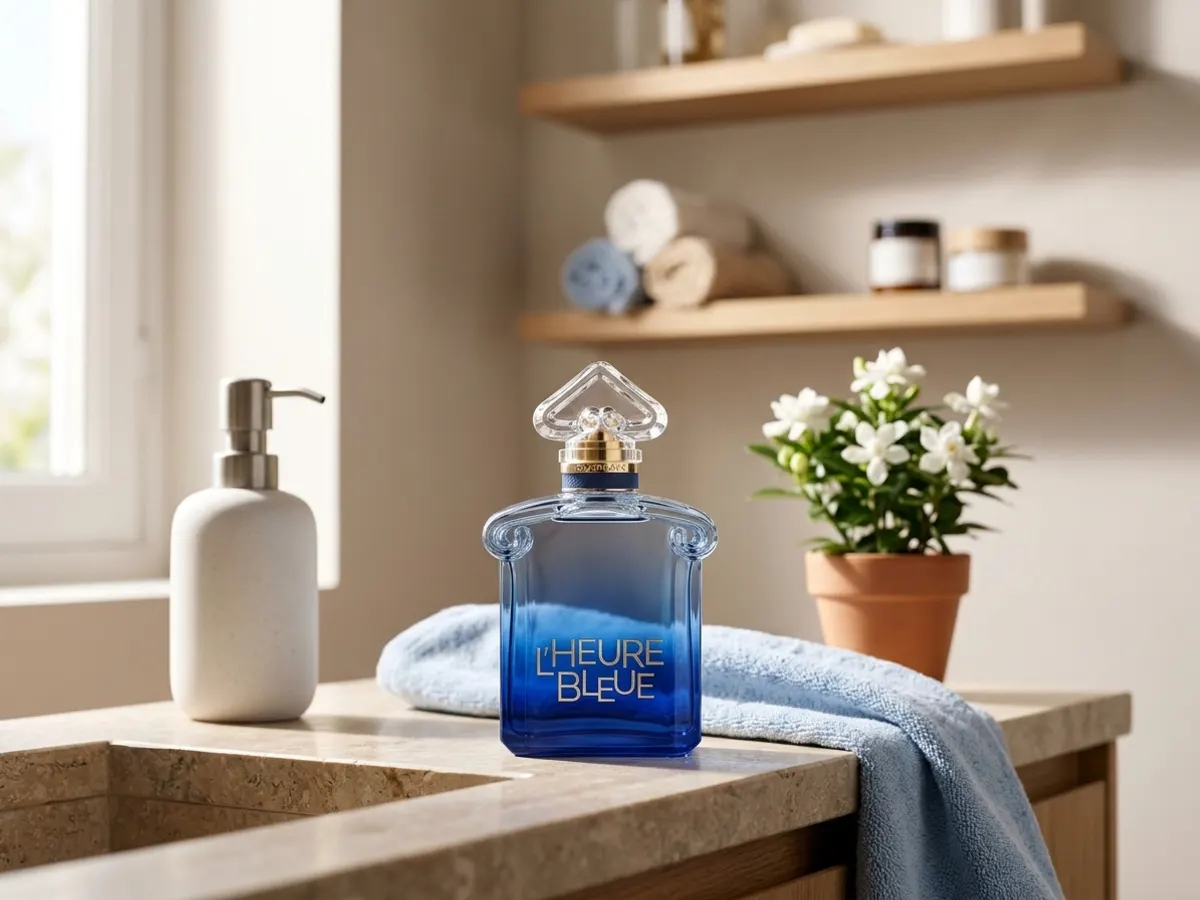 Try Guerlain L'Heure Bleue FREE with a Fragrance Sample, fragrance displayed on bathroom vanity