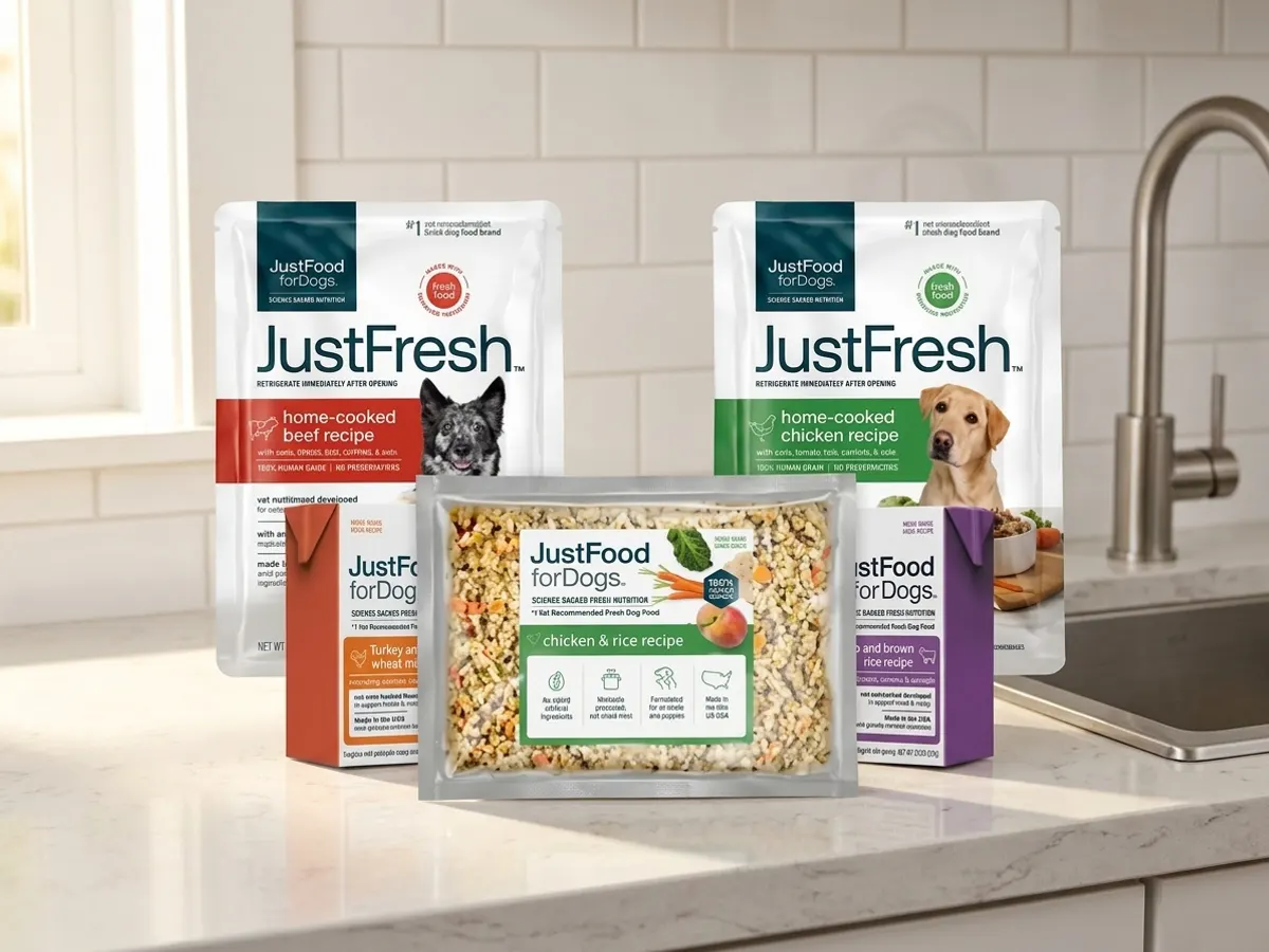 Get an 18 oz. JustFoodForDogs Package FREE After Cash Back, product on kitchen counter by window