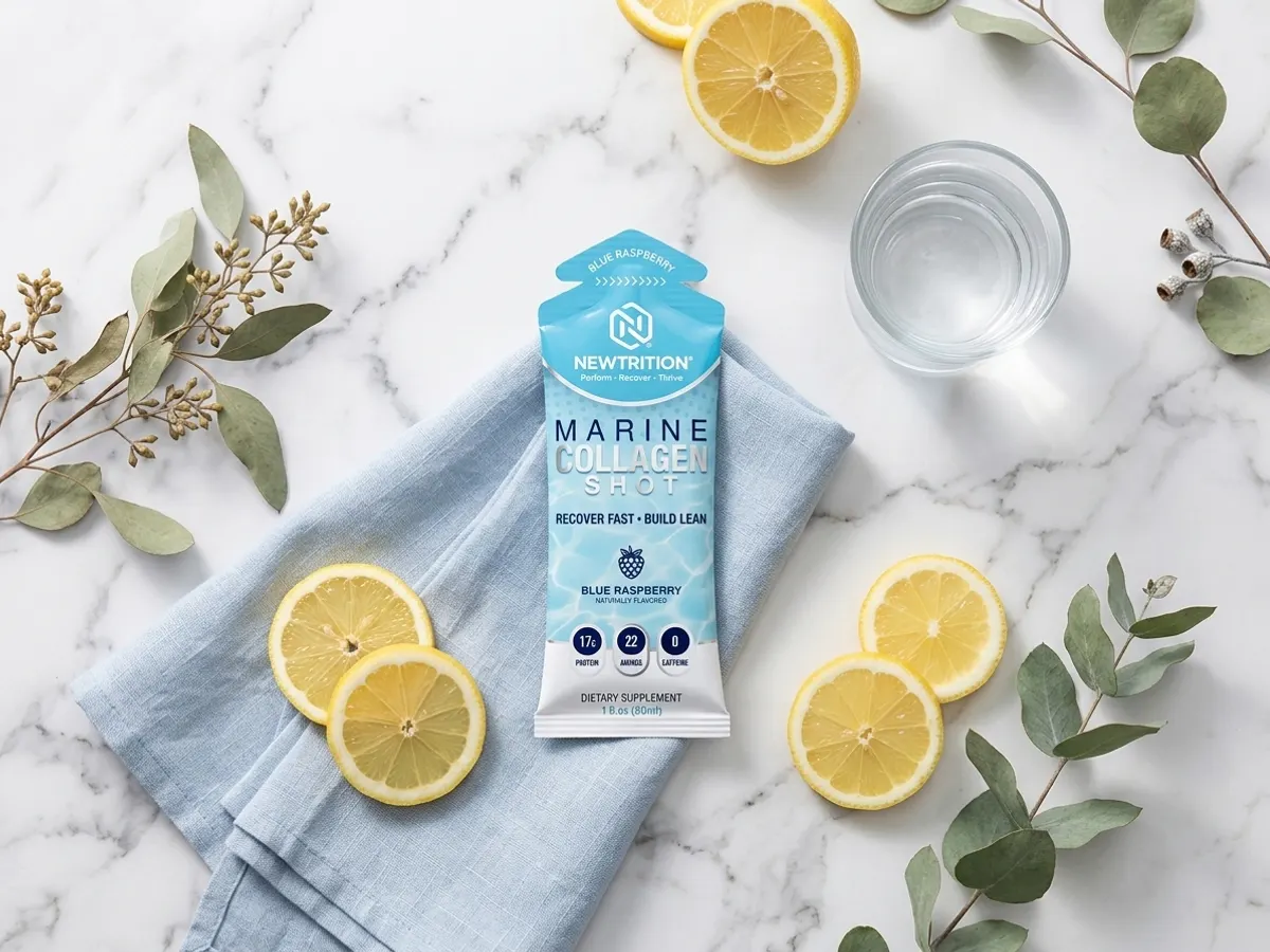 Discover NewTrition Marine Collagen with a FREE Sample, overhead flat lay with citrus and greenery
