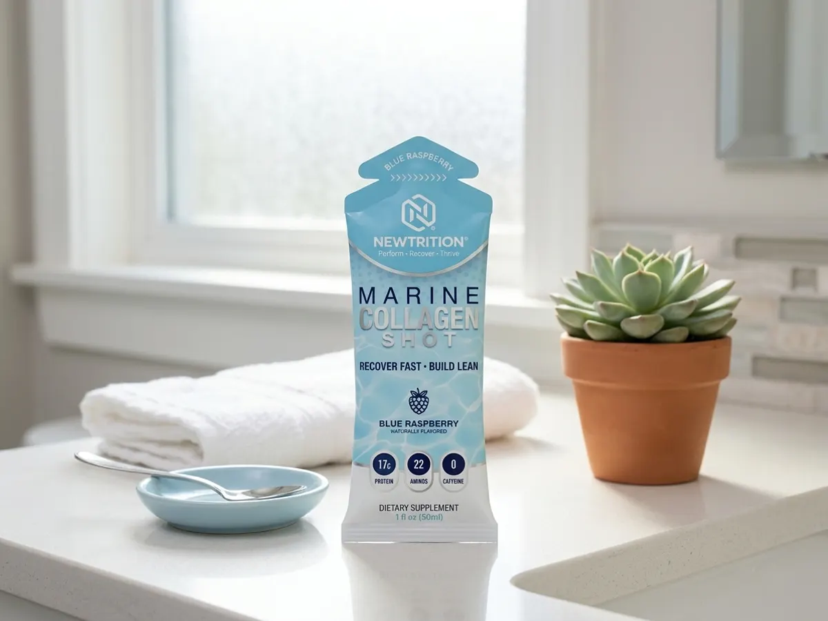 Discover NewTrition Marine Collagen with a FREE Sample, product on modern bathroom vanity