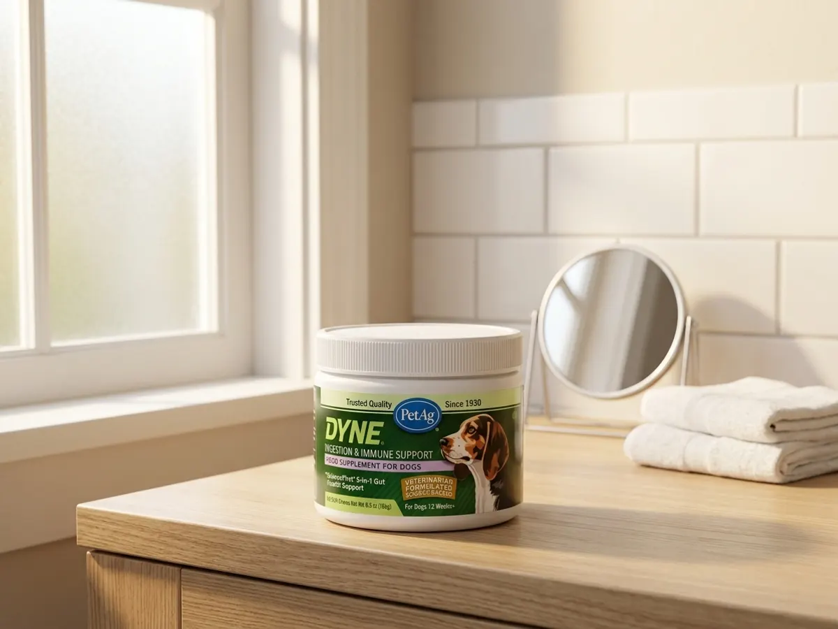 Discover DYNE Soft Chews with a FREE Sample, product displayed on bright bathroom vanity