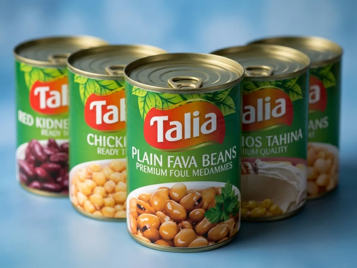 Stock Up with a FREE Can of Talia Foods Beans, close-up of label and packaging details