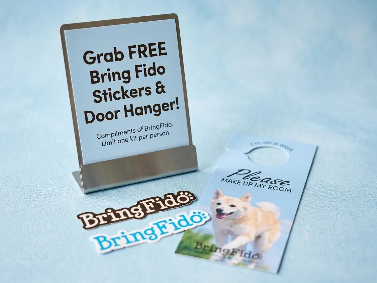 Grab FREE Bring Fido Stickers & Door Hanger, detailed close-up of packaging and design