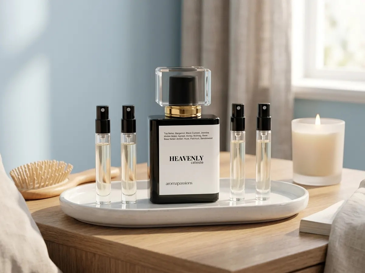 Treat Yourself to FREE Aroma Passions Fragrance Samples, sample displayed on styled bedroom vanity
