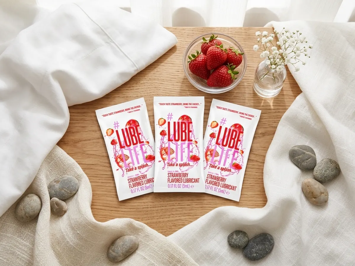 Discover LUBELIFE Strawberry Lubricant FREE, overhead flat lay on styled vanity surface