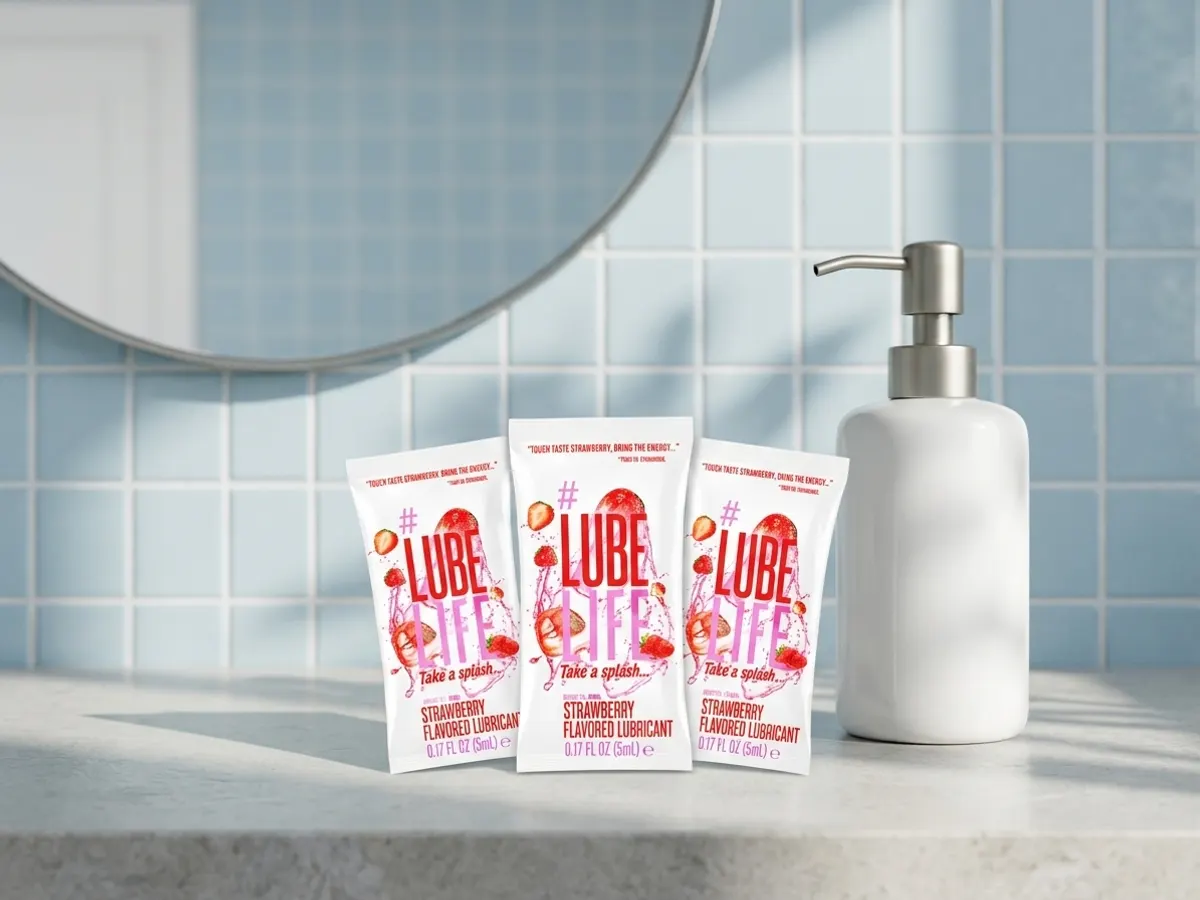 Discover LUBELIFE Strawberry Lubricant FREE, product positioned on bright bathroom counter
