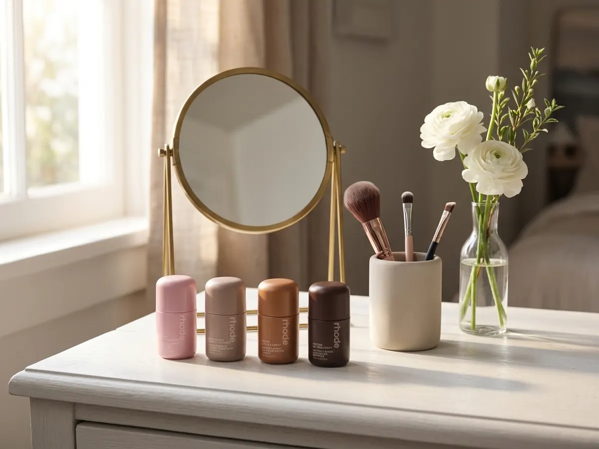 Shine Bright with a FREE Rhode Luminizer at Sephora, product displayed on bright bedroom vanity