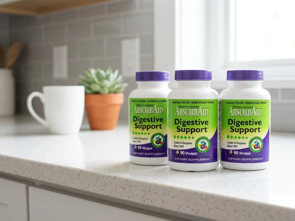 Claim a FREE AbsorbAid Digestive Enzymes Sample, product on sunny kitchen counter