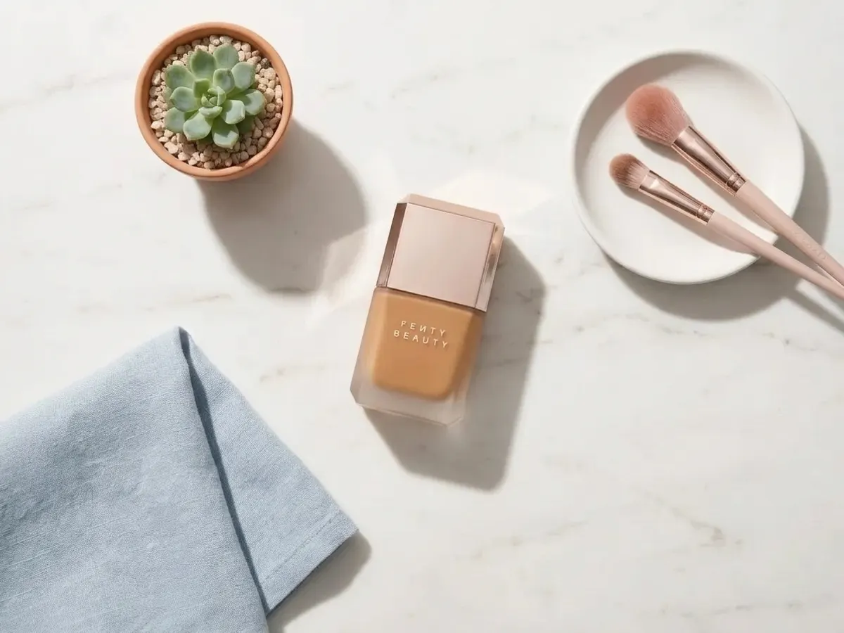 Enter to WIN a FREE Personalized Fenty Pro Filt'r Fluid Flex Foundation, makeup essentials arranged on marble surface