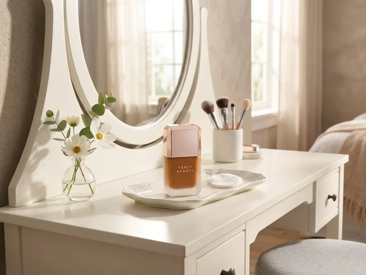 Enter to WIN a FREE Personalized Fenty Pro Filt'r Fluid Flex Foundation, product displayed at a bedroom vanity mirror