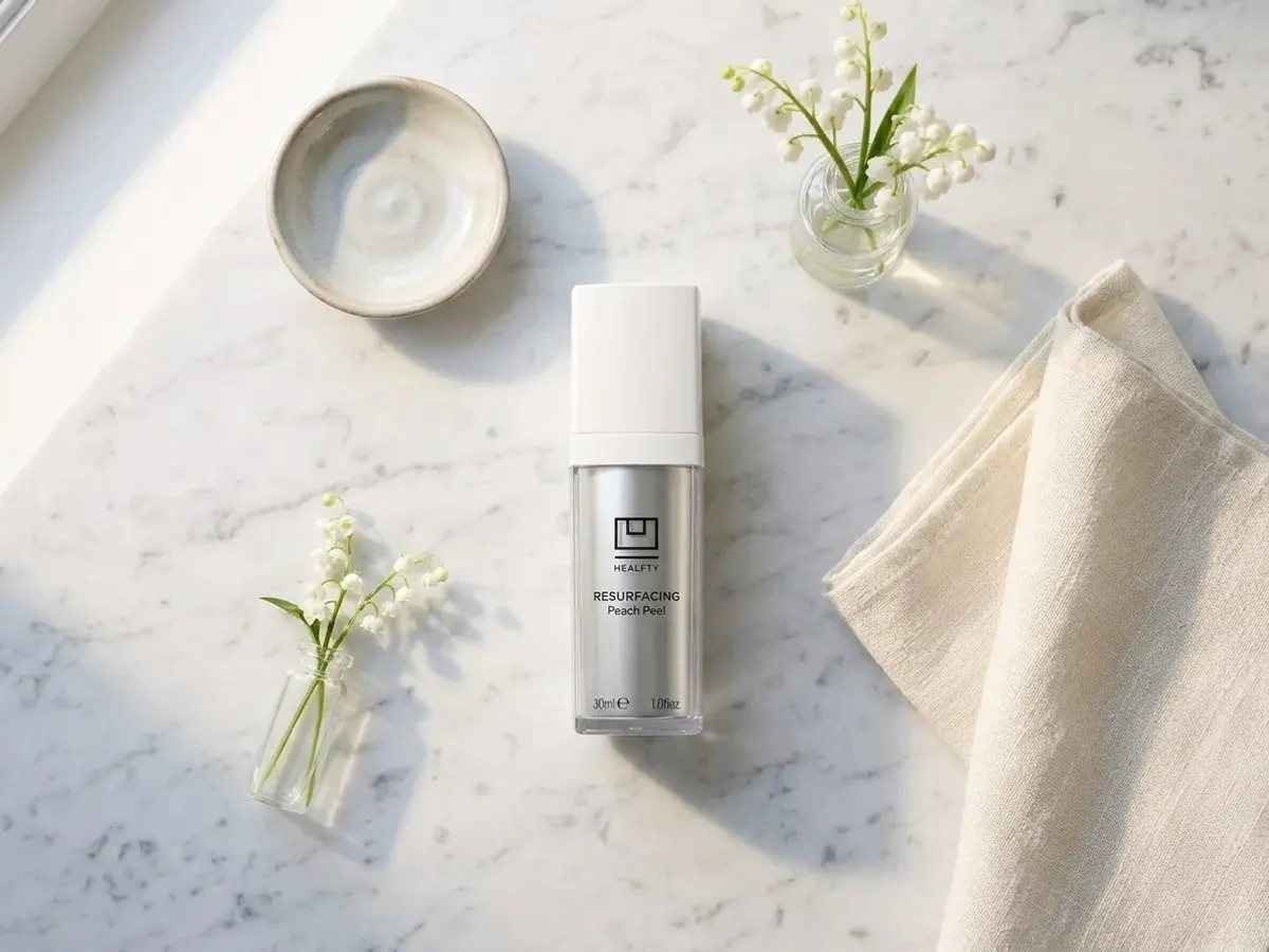 Claim a FREE U Beauty Resurfacing Flash Peel Trial Kit, flat lay with flowers and linens