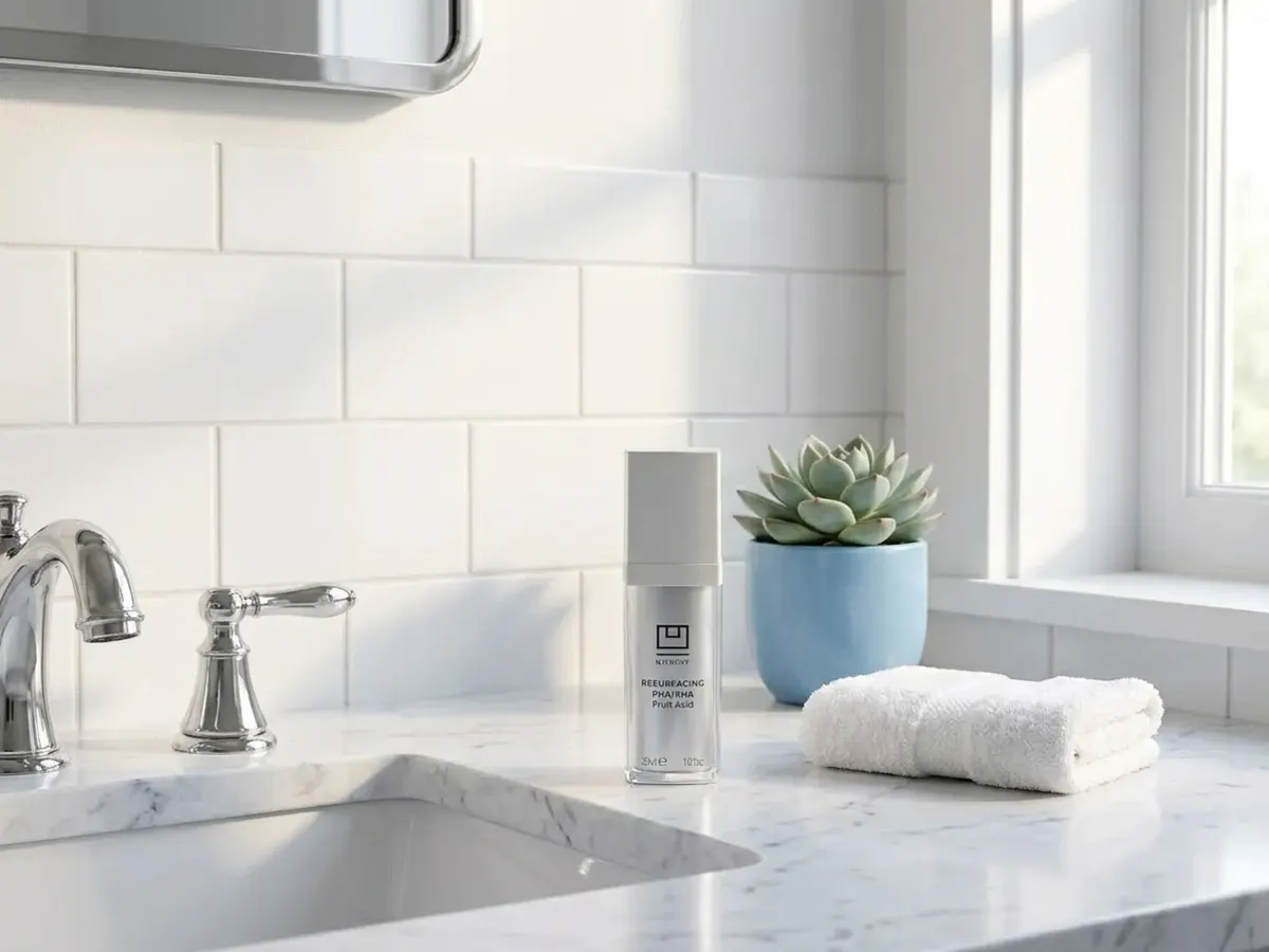 Claim a FREE U Beauty Resurfacing Flash Peel Trial Kit, vanity counter in morning light