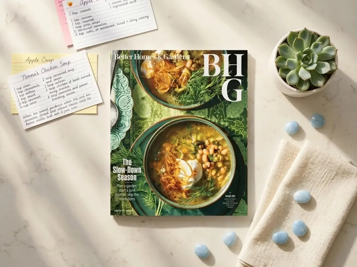 Claim a FREE 6-Month Better Homes & Gardens Magazine Subscription, styled flat-lay with natural props and daylight