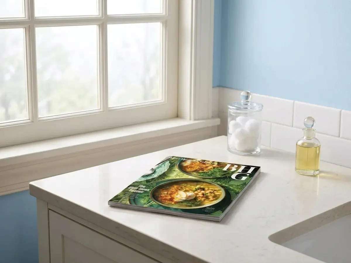Claim a FREE 6-Month Better Homes & Gardens Magazine Subscription, product displayed on bathroom vanity in natural light