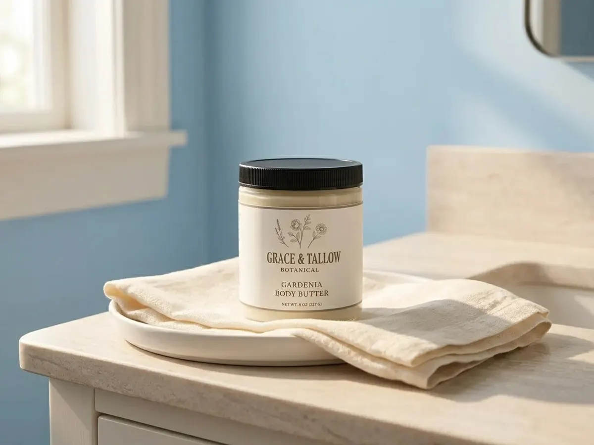 Claim a FREE Grace & Tallow Body Cream Sample, luxe self-care moment in bright bathroom