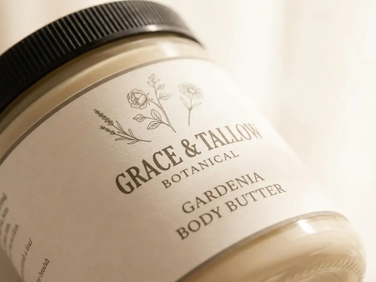 Claim a FREE Grace & Tallow Body Cream Sample, premium packaging detail in soft focus