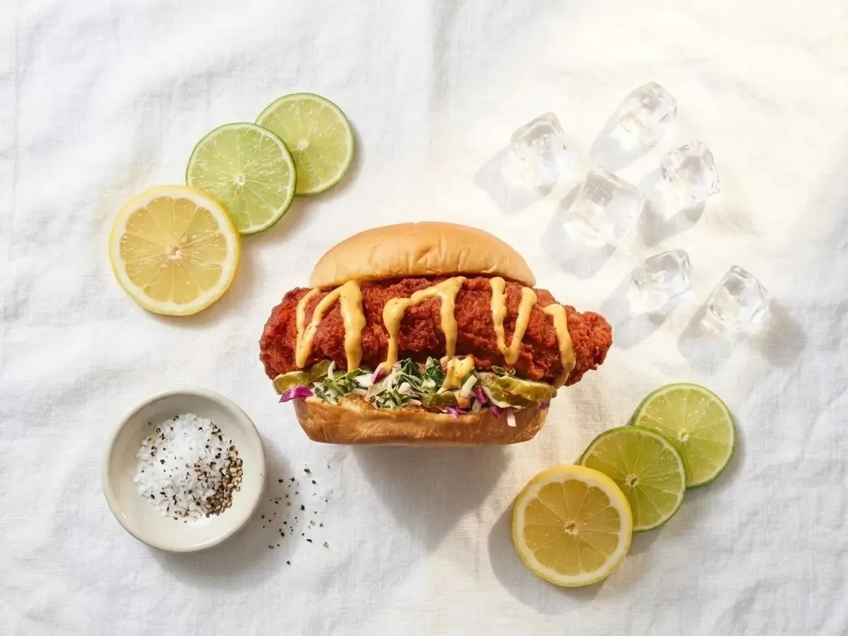 Grab a FREE Slider at Dave's Hot Chicken on October 13th, overhead flat lay with fresh citrus styling