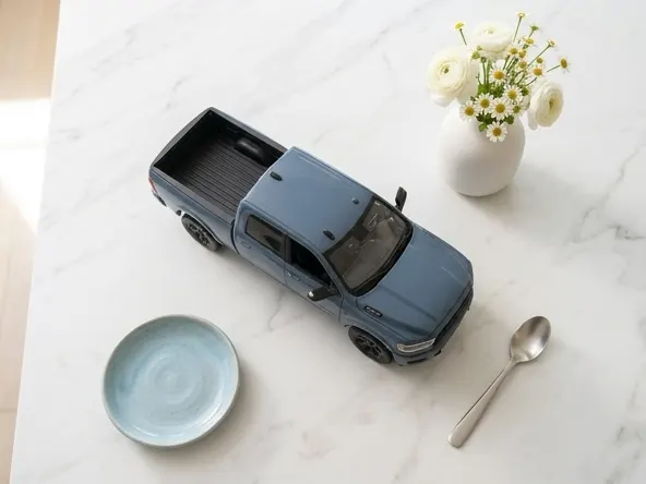 Enter to WIN a FREE 2026 Ram 1500 Truck, styled flat lay with ceramic and flowers