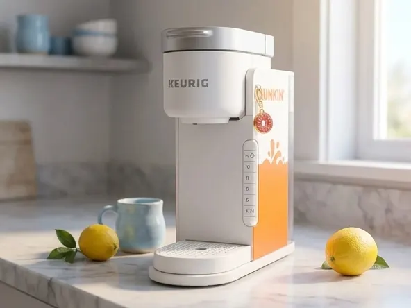 Win a FREE Keurig Brewer and $250 Dunkin Gift Card, close-up product on marble surface