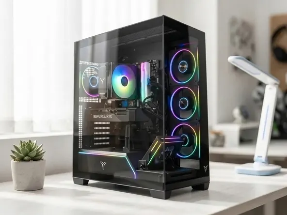 Win a FREE Yeyian Gaming PC with ADATA and XPG Components, gaming PC angled on bright white desk