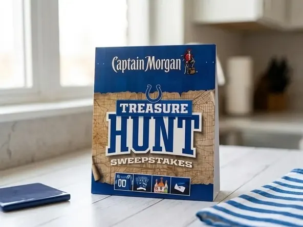 Enter to WIN a FREE Colts Gameday Package from Captain Morgan, product displayed on styled white wood surface