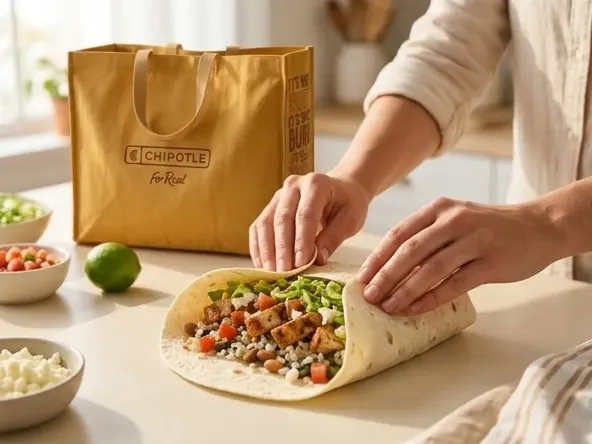 Enter to Win 1 of 8000 FREE Big Ass Chipotle Bags, hands wrapping fresh burrito at home