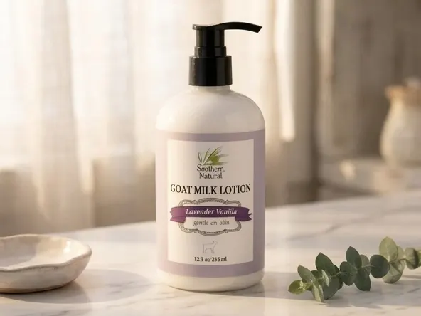 Get a FREE Southern Natural Goat Milk Lotion Sample, lotion displayed on marble vanity surface