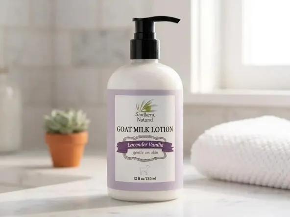 Get a FREE Southern Natural Goat Milk Lotion Sample, skincare product on bright bathroom counter