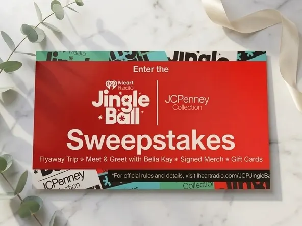 Win a FREE Jingle Ball and JCPenney Prize Package, close-up shot on styled marble surface