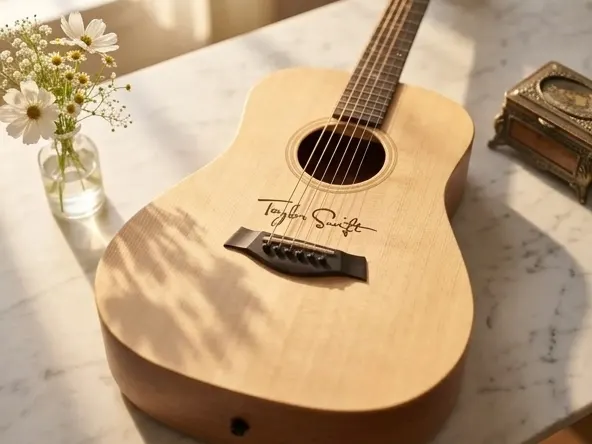 Win a FREE Taylor Swift Signed Acoustic Guitar, acoustic guitar close-up on marble surface
