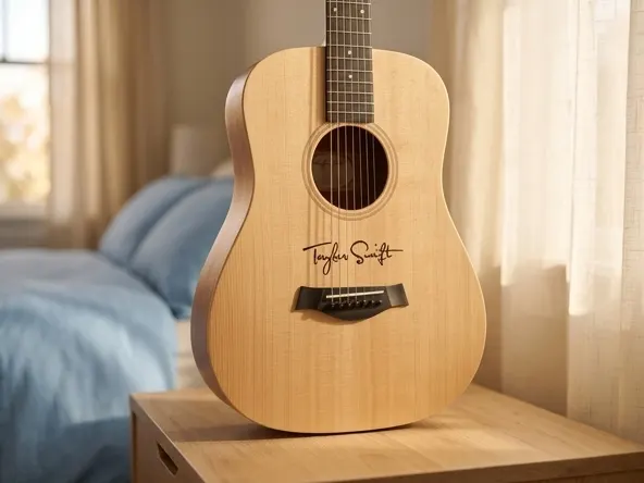 Win a FREE Taylor Swift Signed Acoustic Guitar, guitar displayed on bedroom nightstand