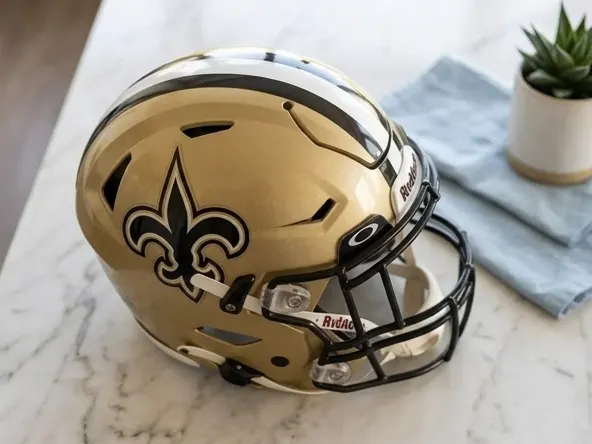 Win a FREE Saints vs Cleveland Game Experience Package, close up angled view on marble surface