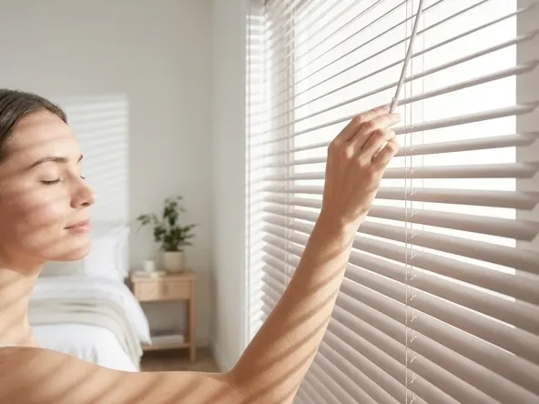 Win FREE $5,000 in Blinds To Go Credit, woman adjusting light-filtering blinds at window