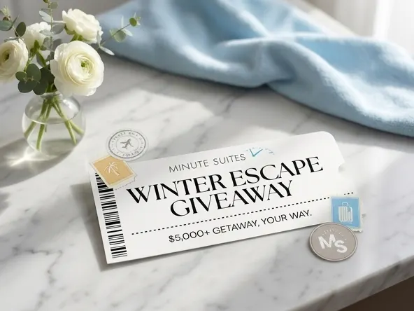 Enter FREE to Win a $5,000 Winter Escape Getaway Package, close-up on styled bathroom vanity surface