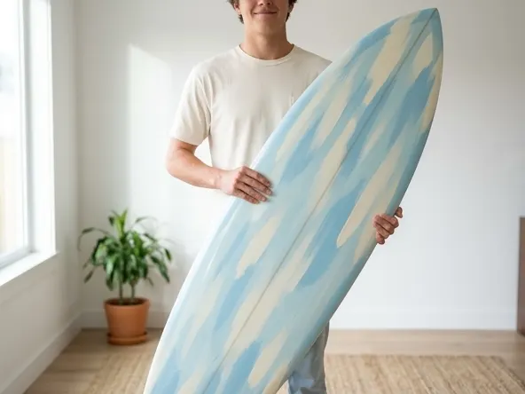 Enter to Win a FREE Custom Almond Surfboard with Your Design, person admiring custom painted surfboard indoors