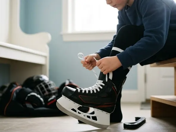 Win up to $2000 in FREE Hockey Gear from CARHA Hockey, child lacing up hockey skates at home