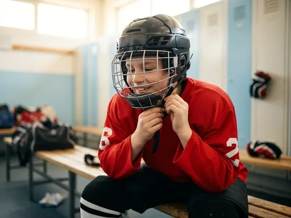 Win up to $2000 in FREE Hockey Gear from CARHA Hockey, player putting on hockey helmet before practice