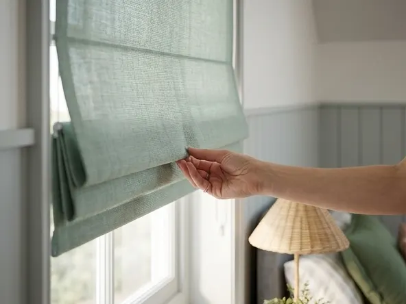 Get Up to 30 FREE Window Treatment Samples from SelectBlinds, woman adjusting cream fabric shade by window