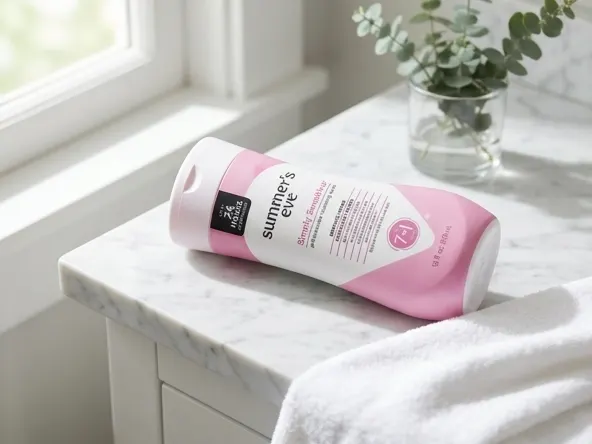 Enter Daily to Win a FREE Summer's Eve Beaver Bundle Gift Basket, close-up product on marble vanity with plant