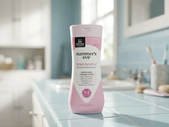 Enter Daily to Win a FREE Summer's Eve Beaver Bundle Gift Basket, product on bathroom counter in morning light
