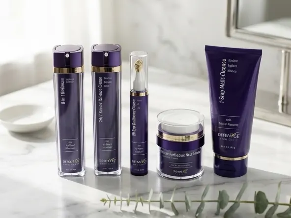 Get a FREE DefenAge 8-in-1 BioSerum Trial Sample by Mail, serum bottle on marble vanity surface