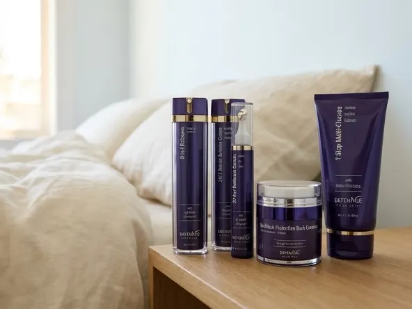 Get a FREE DefenAge 8-in-1 BioSerum Trial Sample by Mail, skincare moment on bedroom nightstand