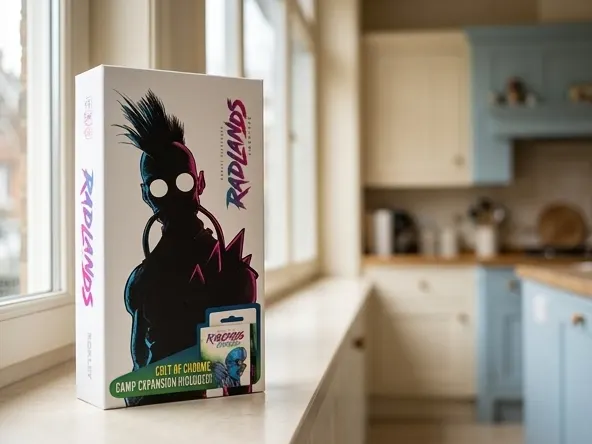 Win a FREE Roxley Radlands Game Night Party Pack as a Host, product displayed on bright kitchen counter