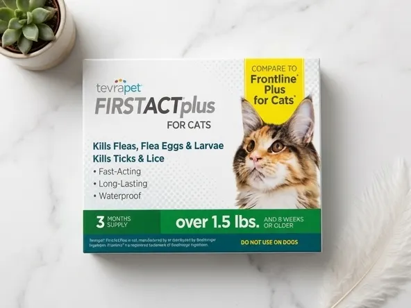 Get 3 FREE FirstAct Plus Flea & Tick Drops for Cats, close-up product on styled marble surface