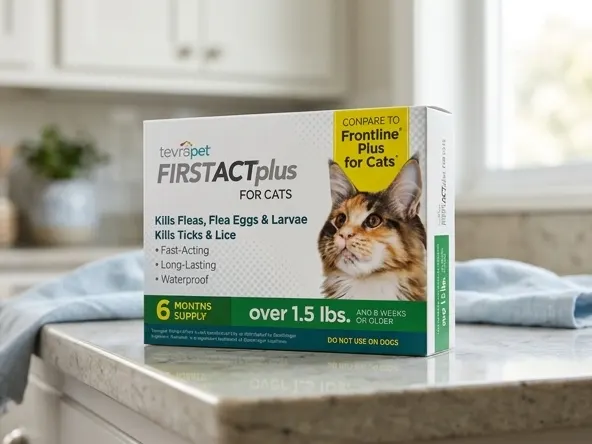 Get 3 FREE FirstAct Plus Flea & Tick Drops for Cats, product on kitchen counter with blurred room
