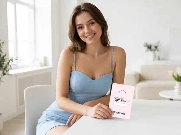 Win a FREE $10,000 Beginning Boutique Gift Card, woman relaxing at home in blue mini dress