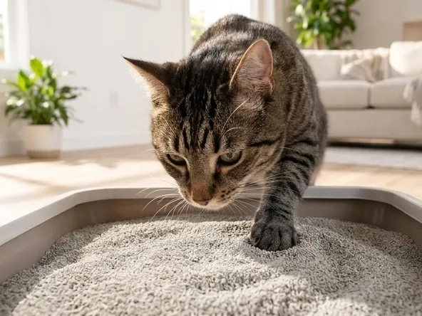 Get a FREE 34 lb Bag of ARM & HAMMER Platinum Cat Litter, cat using litter box with fresh litter
