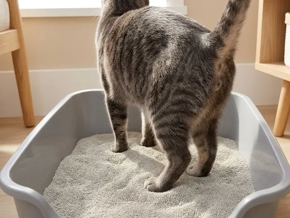 Get a FREE 34 lb Bag of ARM & HAMMER Platinum Cat Litter, cat standing in litter box from above